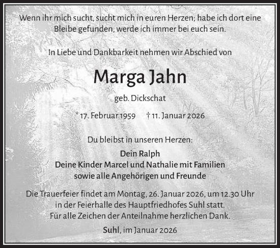Traueranzeige von Marga Jahn von Südthüringer Presse