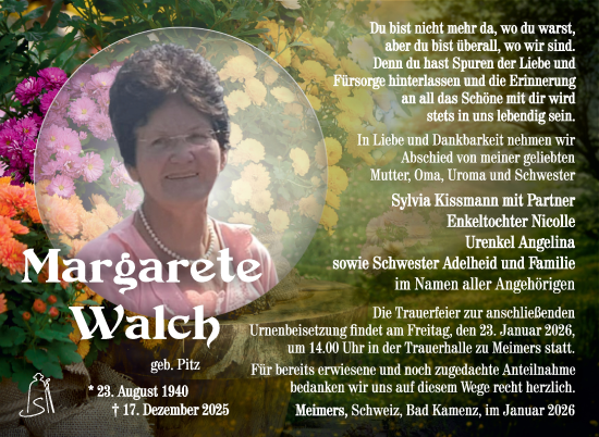 Traueranzeige von Margarete Walch von Südthüringer Presse
