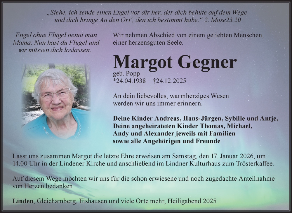  Traueranzeige für Margot Gegner vom 10.01.2026 aus Südthüringer Presse