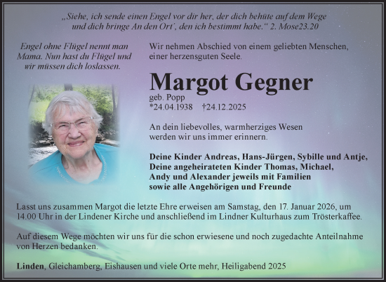 Traueranzeige von Margot Gegner von Südthüringer Presse
