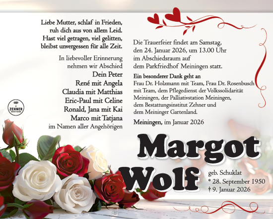 Traueranzeige von Margot Wolf von Südthüringer Presse