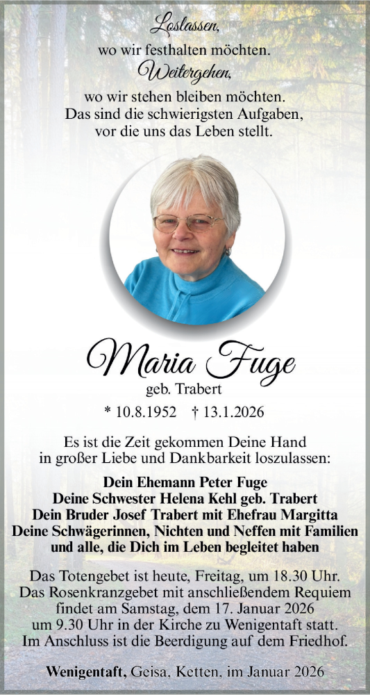 Traueranzeige von Maria Fuge von Südthüringer Presse