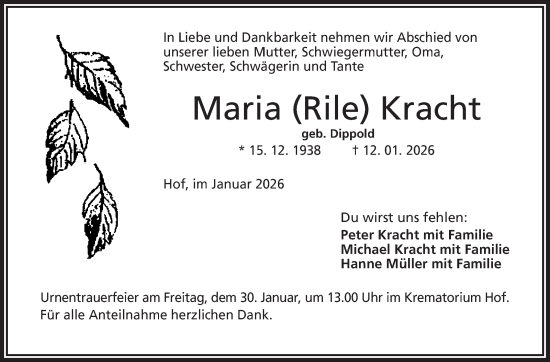 Traueranzeige von Maria Kracht von Frankenpost