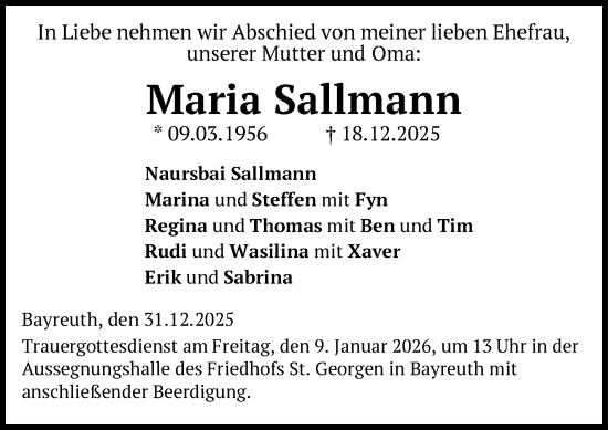 Traueranzeige von Maria Sallmann von Südthüringer Presse