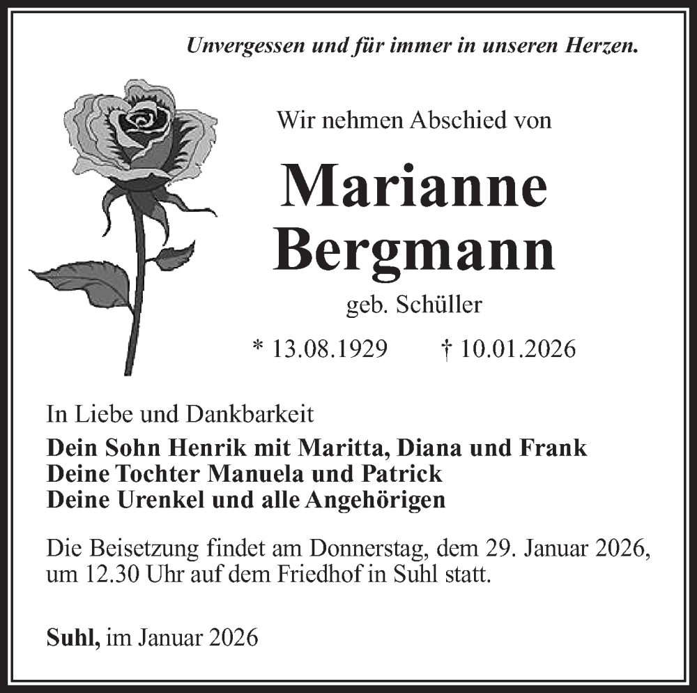  Traueranzeige für Marianne Bergmann vom 17.01.2026 aus Südthüringer Presse