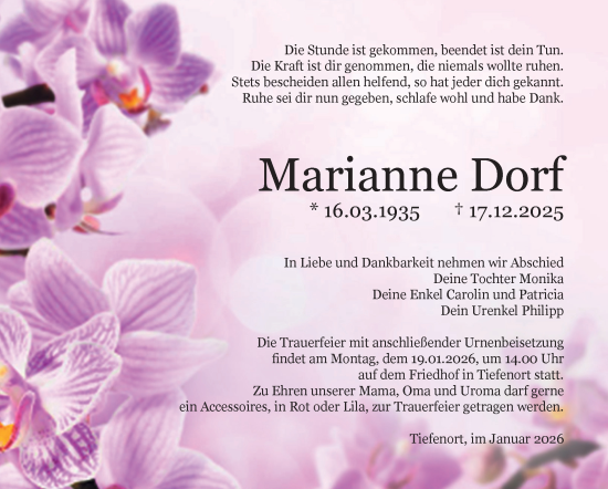 Traueranzeige von Marianne Dorf von Südthüringer Presse