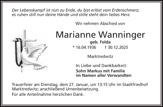Traueranzeige von Marianne Wanninger von Frankenpost