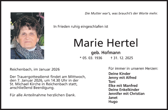 Traueranzeige von Marie Hertel von Neue Presse Coburg