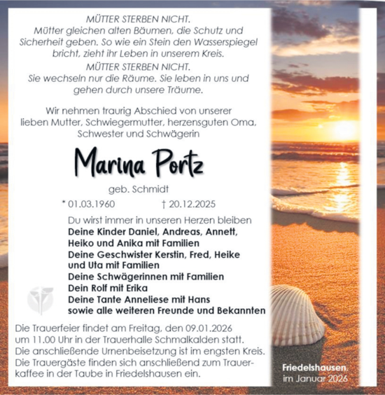 Traueranzeige von Marina Portz von Südthüringer Presse