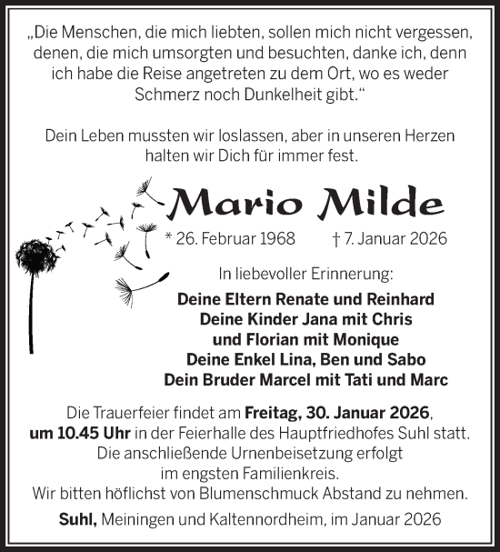 Traueranzeige von Mario Milde von Südthüringer Presse