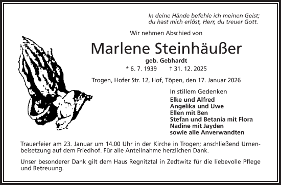 Traueranzeige von Marlene Steinhäußer von Frankenpost