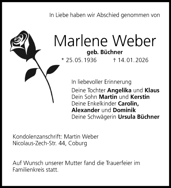 Traueranzeige von Marlene Weber von Neue Presse Coburg