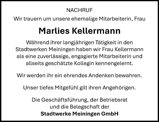Traueranzeige von Marlies Kellermann von Südthüringer Presse