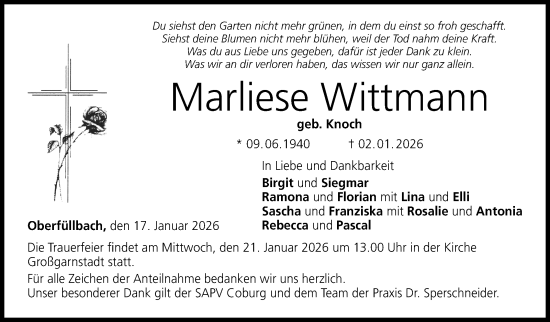 Traueranzeige von Marliese Wittmann von Neue Presse Coburg