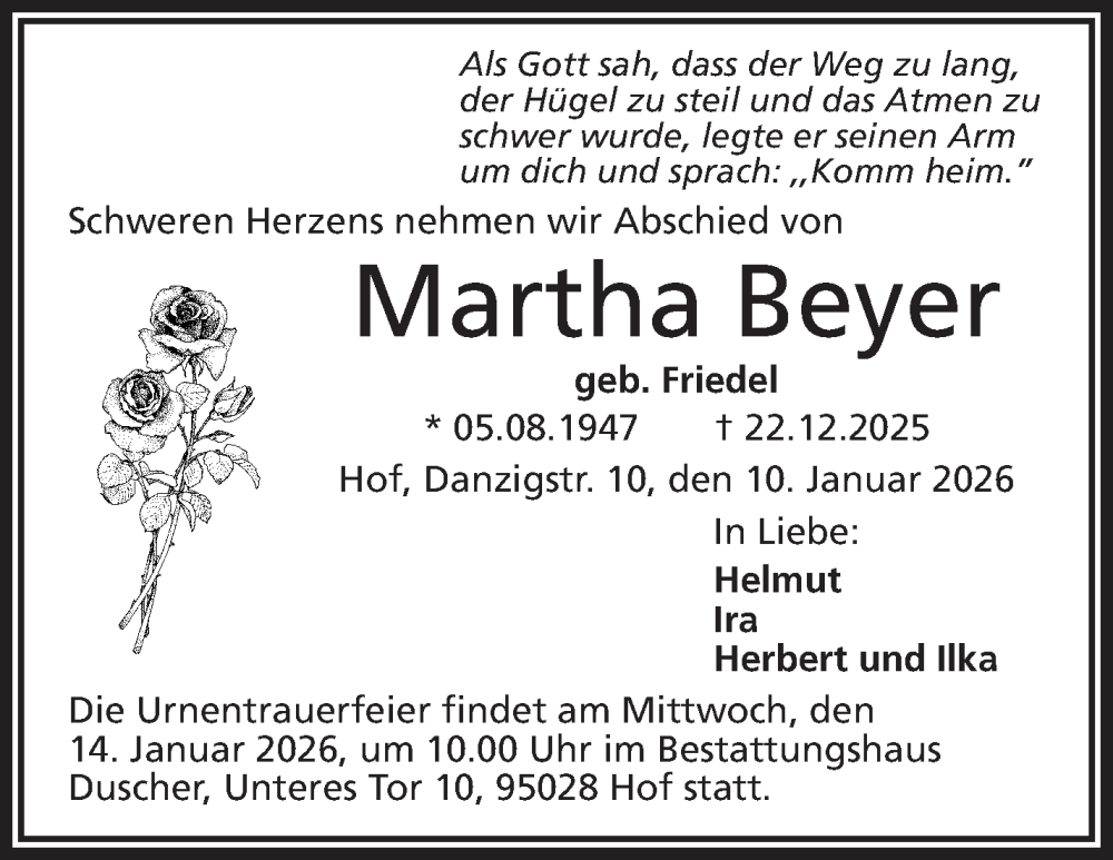 Traueranzeige für Martha Beyer vom 10.01.2026 aus Frankenpost
