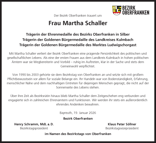 Traueranzeige von Martha Schaller von Frankenpost