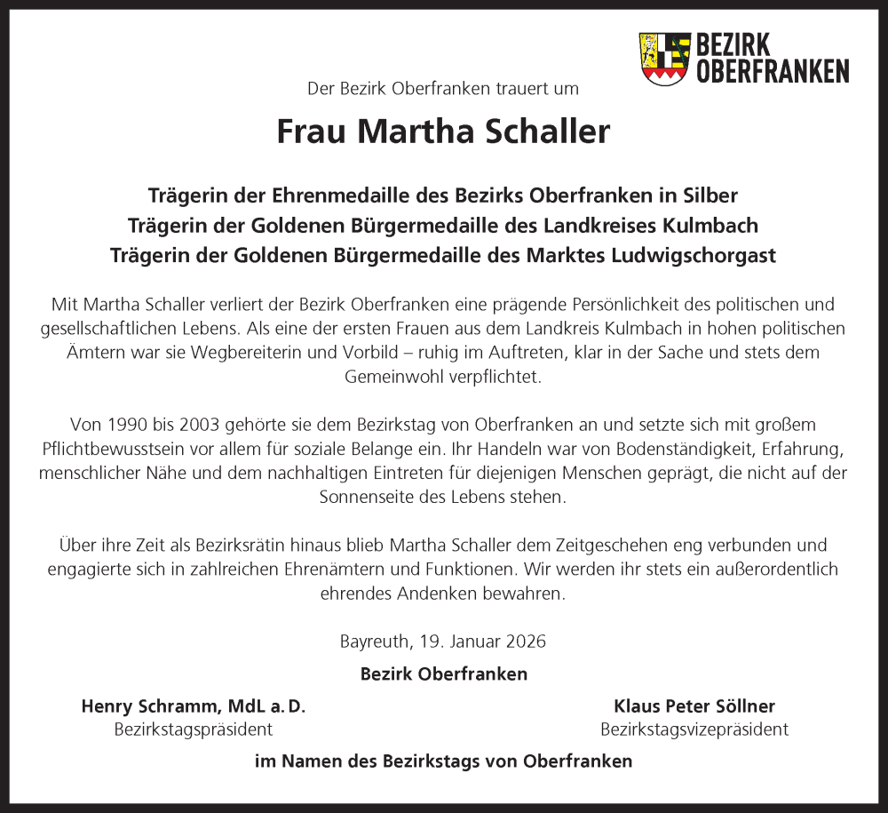  Traueranzeige für Martha Schaller vom 24.01.2026 aus Frankenpost