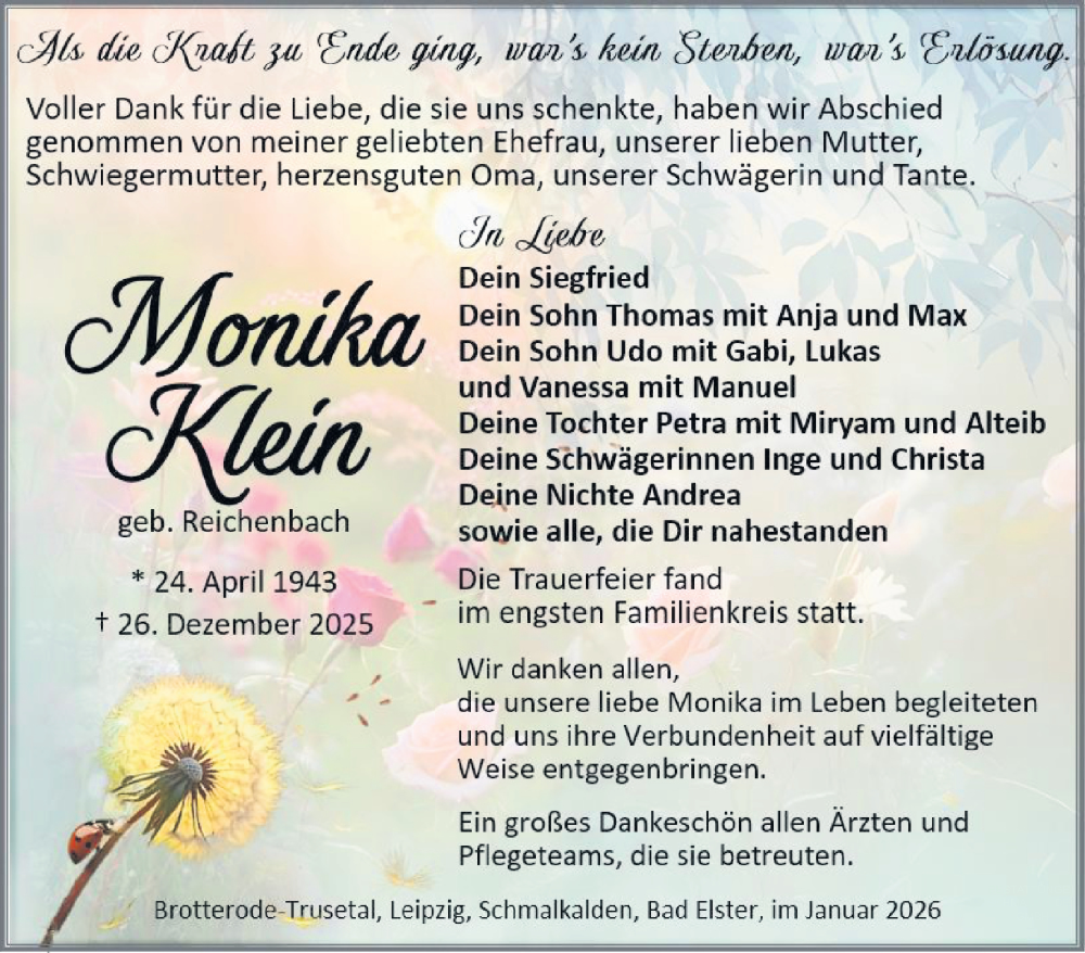  Traueranzeige für Monika Klein vom 30.01.2026 aus Südthüringer Presse
