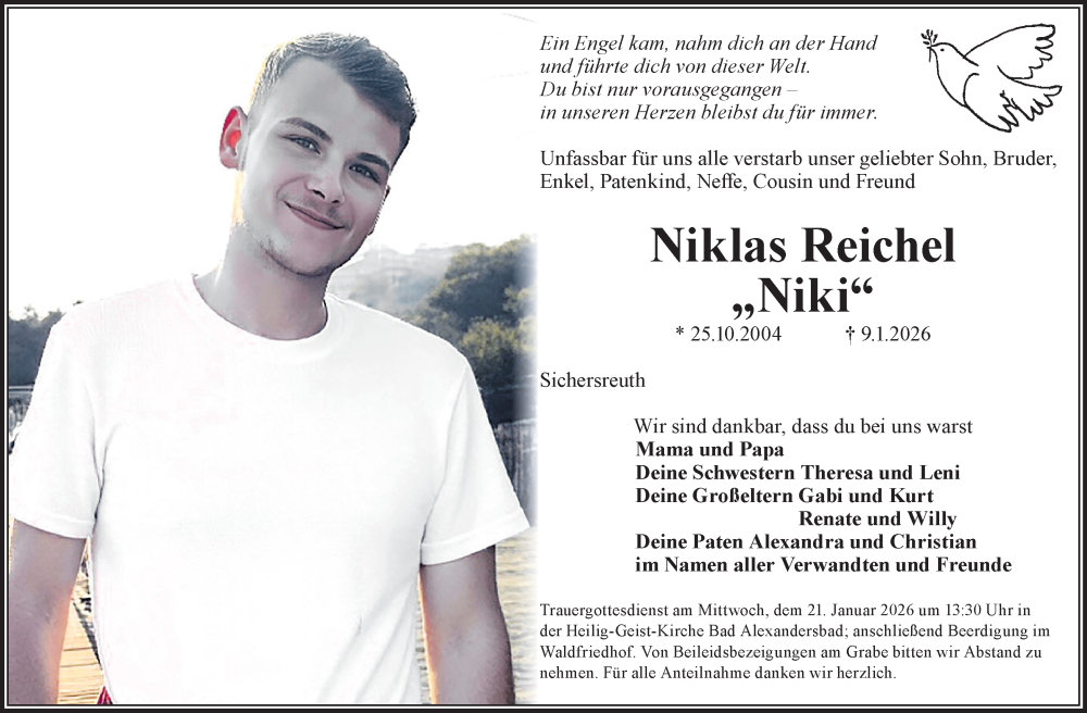  Traueranzeige für Niklas Reichel vom 17.01.2026 aus Frankenpost