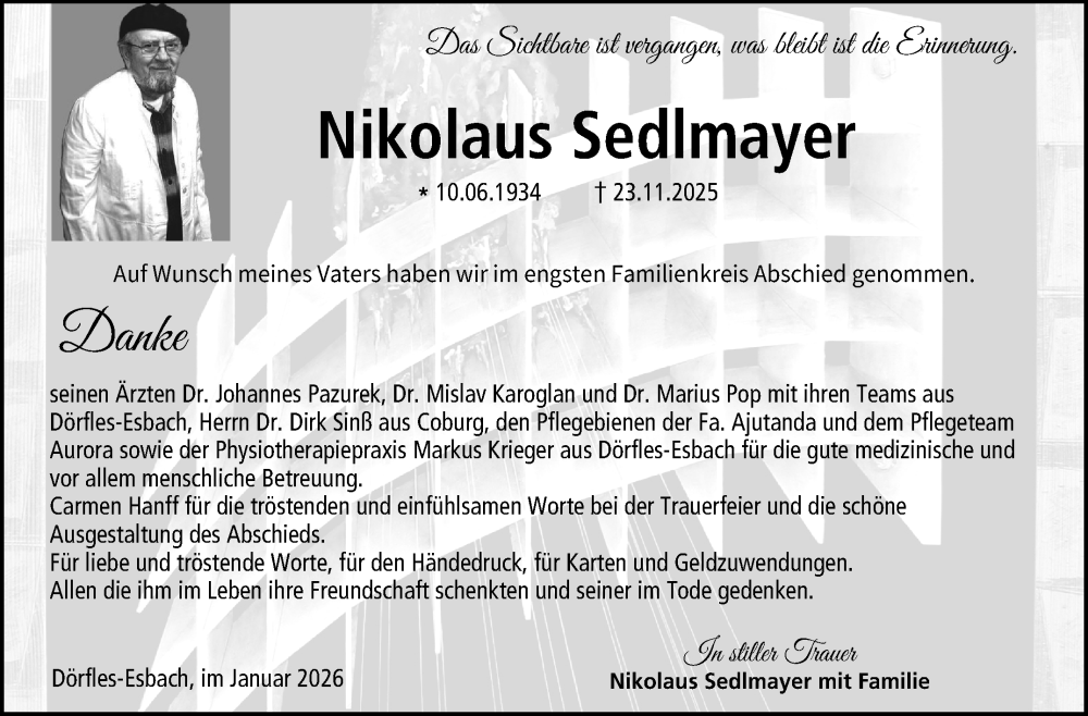  Traueranzeige für Nikolaus Sedlmayer vom 17.01.2026 aus Neue Presse Coburg