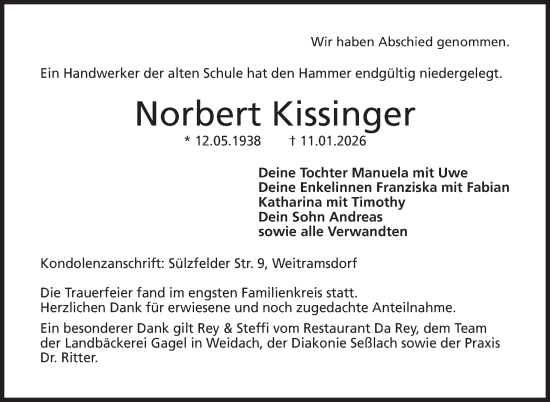Traueranzeige von Norbert Kissinger von Neue Presse Coburg