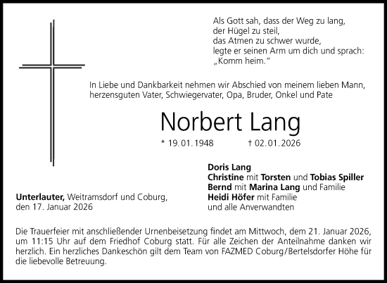 Traueranzeige von Norbert Lang von Neue Presse Coburg