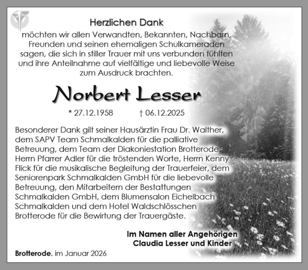  Traueranzeige für Norbert Lesser vom 24.01.2026 aus Südthüringer Presse