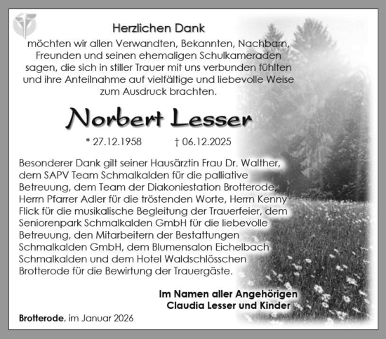 Traueranzeige von Norbert Lesser von Südthüringer Presse