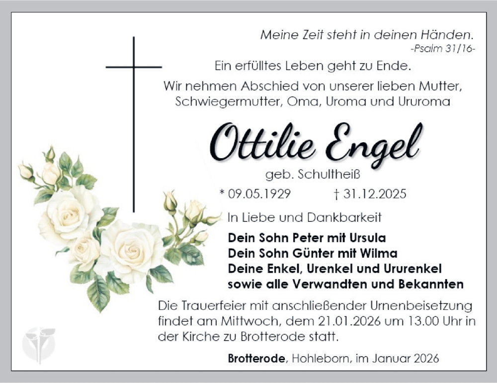  Traueranzeige für Ottilie Engel vom 10.01.2026 aus Südthüringer Presse