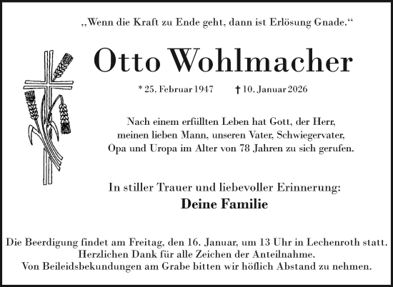 Traueranzeige von Otto Wohlmacher von Neue Presse Coburg