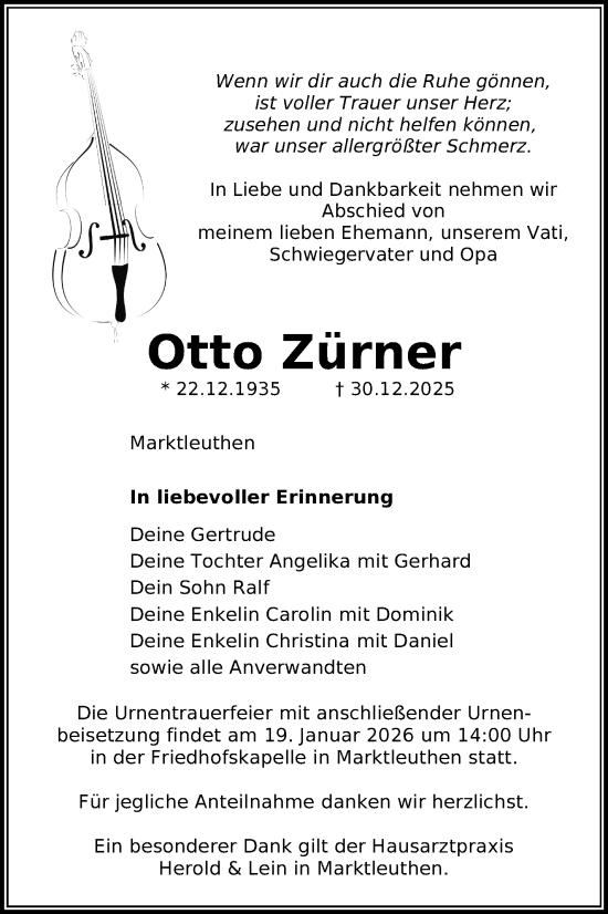 Traueranzeige von Otto Zürner von Frankenpost