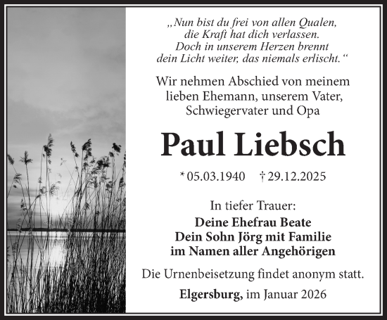 Traueranzeige von Paul Liebsch von Südthüringer Presse