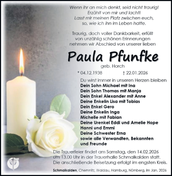 Traueranzeige von Paula Pfunfke von Südthüringer Presse