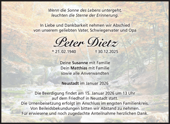 Traueranzeige von Peter Dietz von Neue Presse Coburg