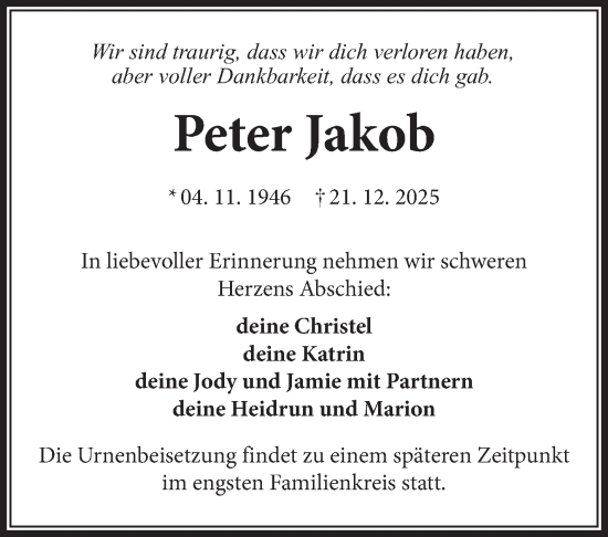 Traueranzeige von Peter Jakob von Südthüringer Presse