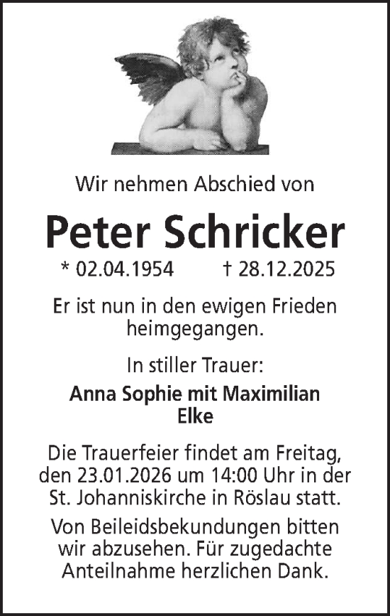 Traueranzeige von Peter Schricker von Frankenpost