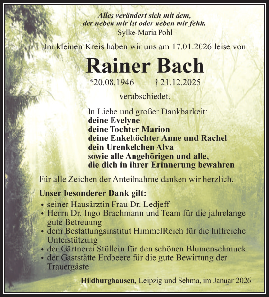 Traueranzeige von Rainer Bach von Südthüringer Presse
