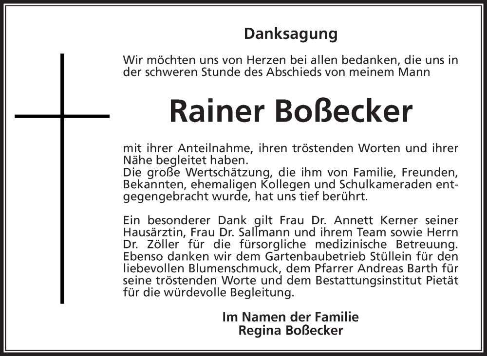  Traueranzeige für Rainer Boßecker vom 17.01.2026 aus Südthüringer Presse
