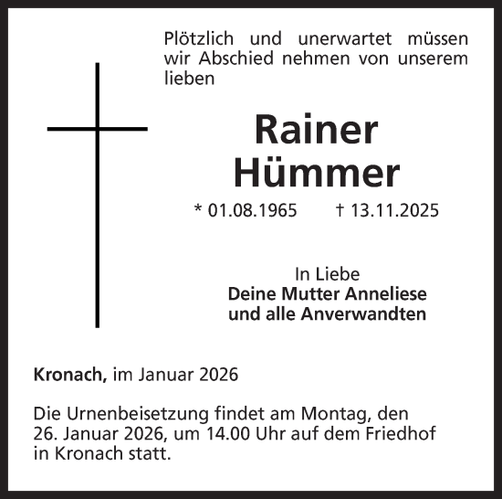 Traueranzeige von Rainer Hümmer von Neue Presse Coburg