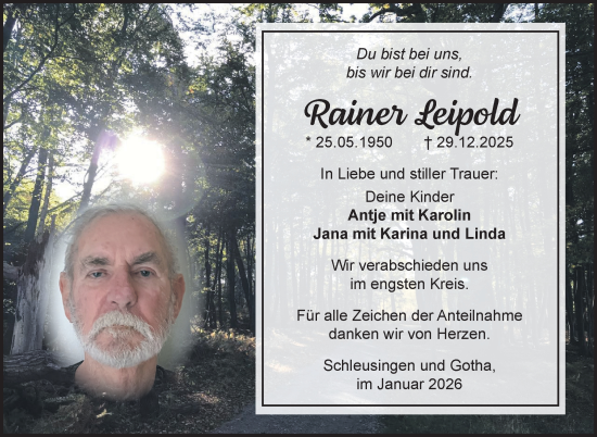 Traueranzeige von Rainer Leipold von Südthüringer Presse