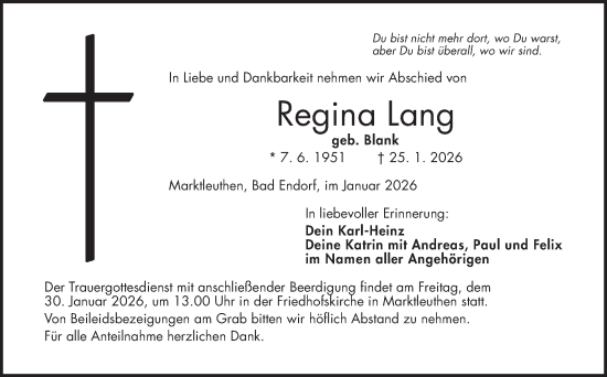 Traueranzeige von Regina Lang von Frankenpost