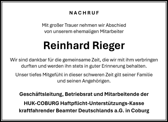 Traueranzeige von Reinhard Rieger von Neue Presse Coburg