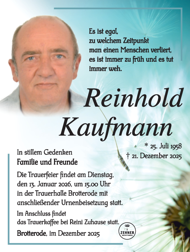  Traueranzeige für Reinhold Kaufmann vom 06.01.2026 aus Südthüringer Presse