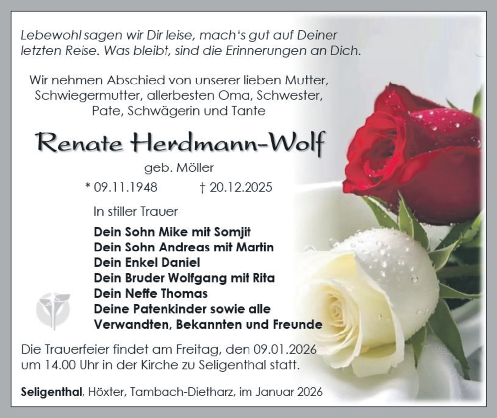  Traueranzeige für Renate Herdmann-Wolf vom 06.01.2026 aus Südthüringer Presse