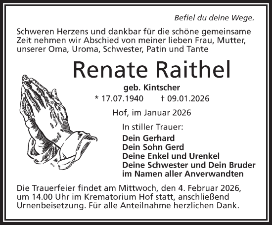 Traueranzeige von Renate Raithel von Frankenpost