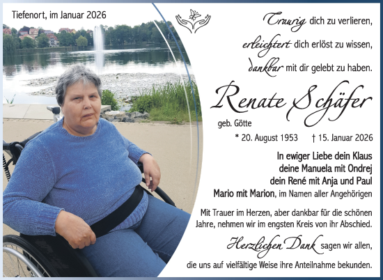 Traueranzeige von Renate Schäfer von Südthüringer Presse