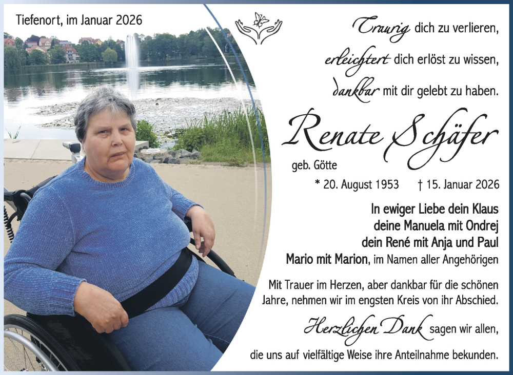  Traueranzeige für Renate Schäfer vom 24.01.2026 aus Südthüringer Presse