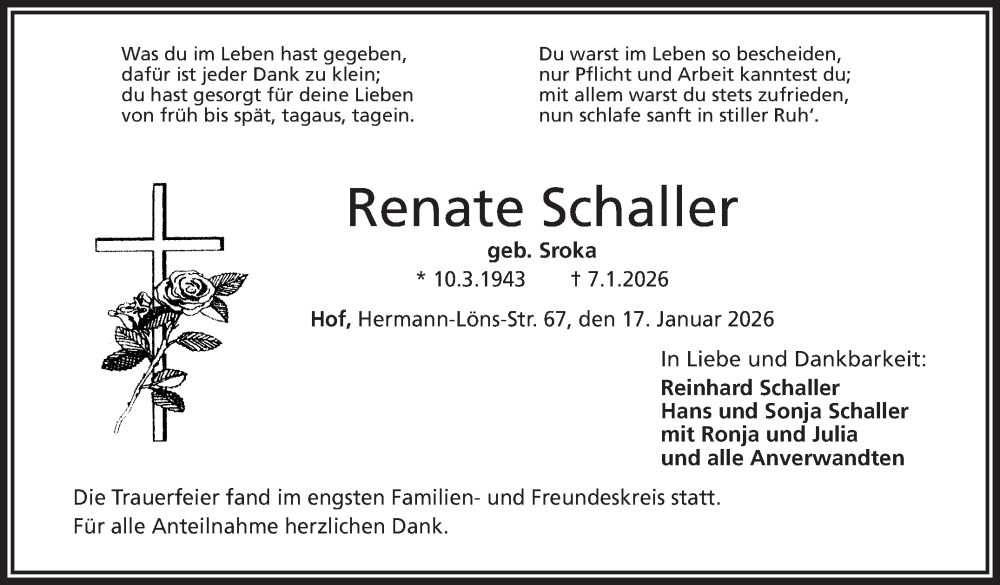  Traueranzeige für Renate Schaller vom 17.01.2026 aus Frankenpost