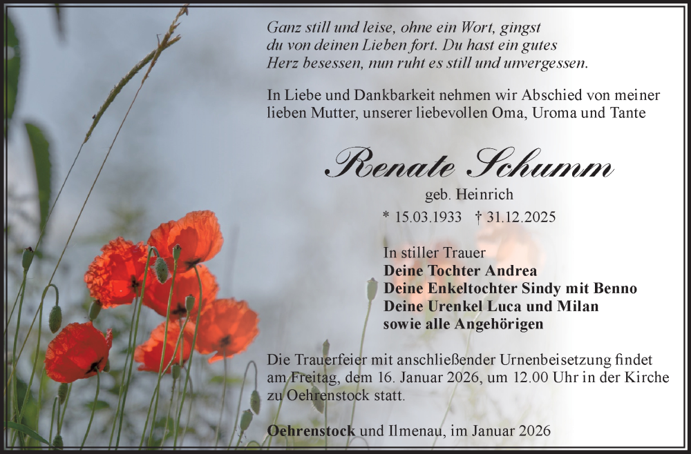  Traueranzeige für Renate Schumm vom 10.01.2026 aus Südthüringer Presse
