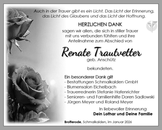 Traueranzeige von Renate Trautvetter von Südthüringer Presse